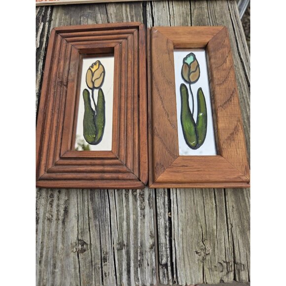 Pair Small Vintage Hand-Painted Tulips On Glass Framed Painting - Picture 1 of 14